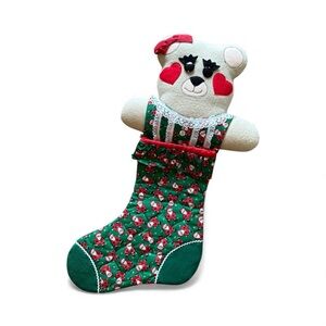 ☮️ Vintage Handmade Teddy Bear Christmas Stocking Quilt Holiday Decor